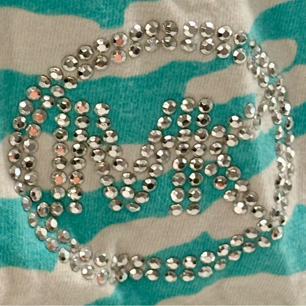 MICHAEL KORS Aqua Zebra Print Top XL | Ruched Side MK Logo Tee - Picture 3 of 9